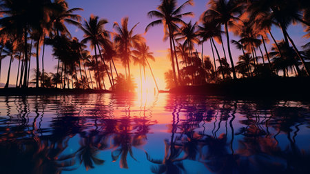 A beautiful sunset with palm trees reflected in the waterの素材