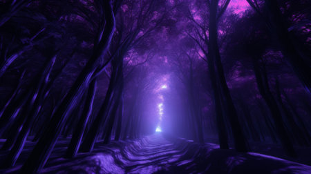 A purple forest with a light at the end of the tunnelの素材