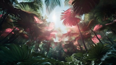 A lush green forest filled with lots of palm treesの素材