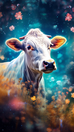 A painting of a cow in a field of flowersの素材