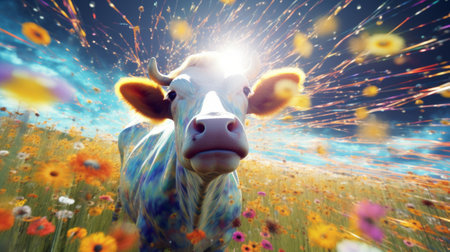 A cow is standing in a field of flowersの素材
