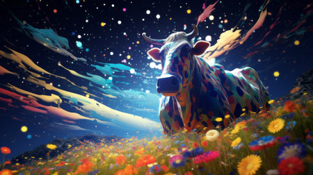 A painting of a cow in a field of flowersの素材