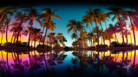 Palm trees are reflected in the water at sunsetの素材