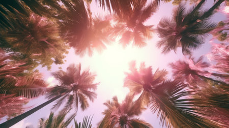 A group of palm trees with the sun shining through themの素材