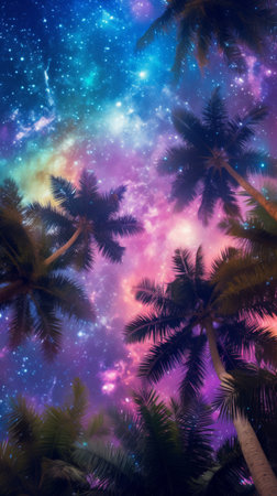 A night sky filled with stars and palm treesの素材
