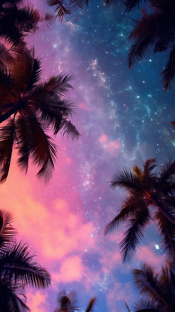 The sky is filled with stars and palm treesの素材