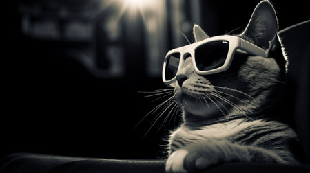 A cat wearing sunglasses and sitting on a chairの素材