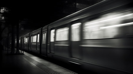 A black and white photo of a train at nightの素材