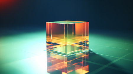 A glass cube sitting on top of a green floorの素材