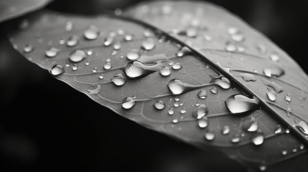 A black and white photo of water droplets on a leafの素材