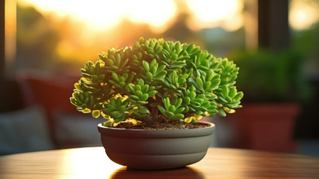 A small potted plant sitting on top of a wooden tableの素材