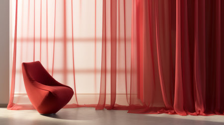A red chair sitting in front of a windowの素材