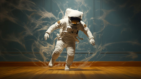 A man in a space suit is running through a roomの素材
