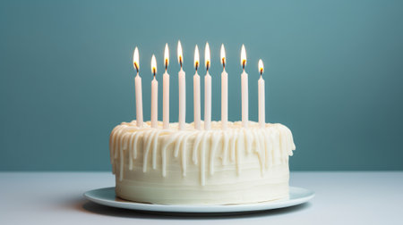 A white cake with white icing and lit candlesの素材