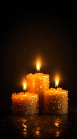 A group of lit candles sitting on top of a tableの素材