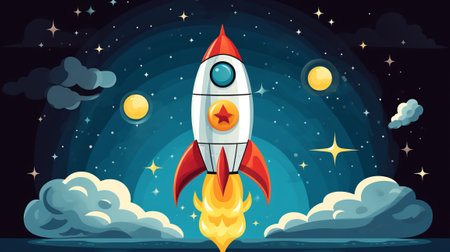 A Rocket Is Flying Through the Sky With Starsの素材