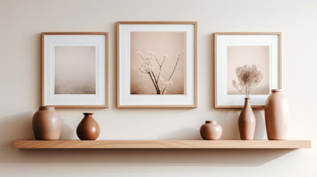 A display of decorative vases and framed artwork on a shelfの素材