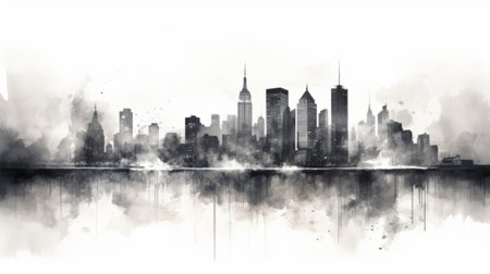 Silhouette cityscape background. Black buildings with smoke. Dramatic conceptの素材