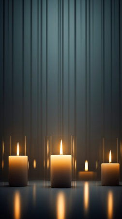 A group of lit candles sitting on top of a tableの素材