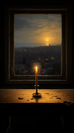 A Lit Candle Illuminating a Windowの素材