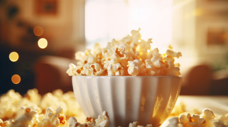 A bowl full of popcorn sitting on top of a tableの素材