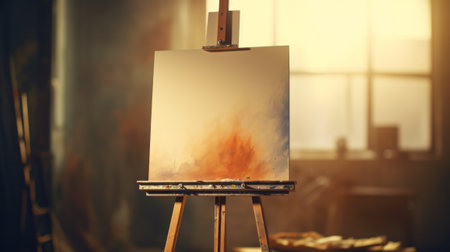 A beautiful artwork displayed on an easel with natural light streaming through a windowの素材