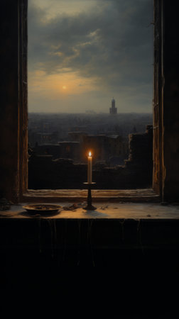 A Flickering Candle Illuminates a Dimly Lit Roomの素材