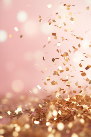 A Shimmering Pile of Gold Confetti Sprinkles on a Pink Backgroundの素材