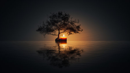 A Solitary Candle Illuminating a Tranquil Body of Waterの素材