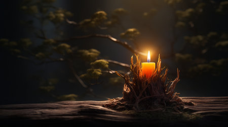 A Lit Candle Sitting on Top of a Wooden Tableの素材