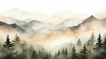 Majestic landscape painting of a breathtaking mountain range framed by lush treesの素材