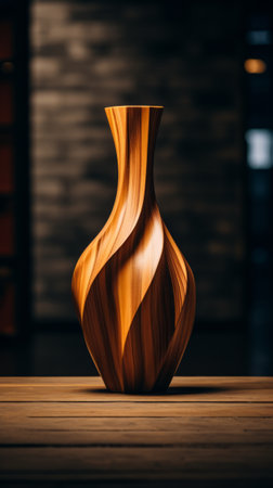 A rustic wooden vase displayed on a sturdy wooden tableの素材