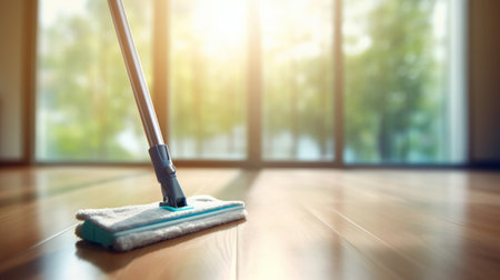 A mop sitting on top of a wooden floorの素材