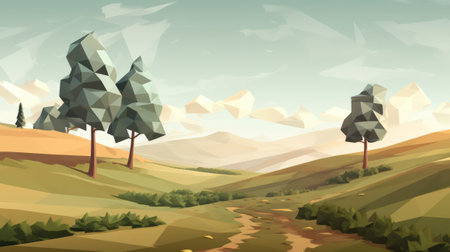 A Serene Digital Painting of a Hilly Landscape with Treesの素材