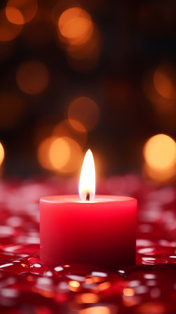 A glowing candle on a vibrant red cloth with a blurred background of sparkling lightsの素材