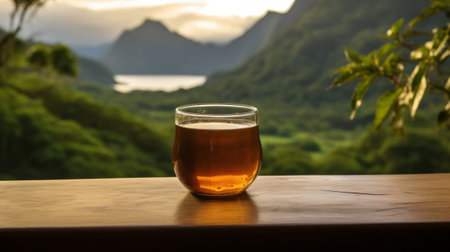 Glass of tea, on a wooden table, with views of the Thai countrysideの素材