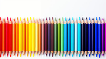 A vibrant assortment of colored pencils neatly arranged in a straight lineの素材