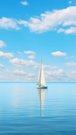 A sailboat floating in the middle of a large body of waterの素材