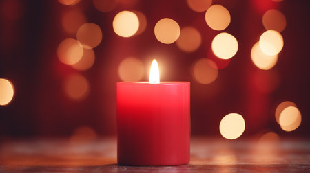 A vibrant red candle illuminating a wooden tableの素材