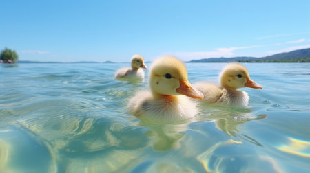 A couple of ducks floating on top of a lakeの素材