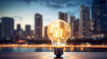 Illuminated Light Bulb on Wooden Tableの素材