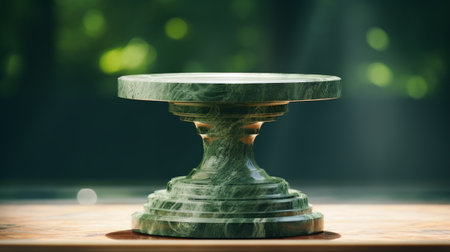 A stylish display stand made of green marble on a wooden tableの素材