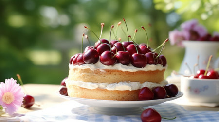 A cake with cherries on top of it on a tableの素材