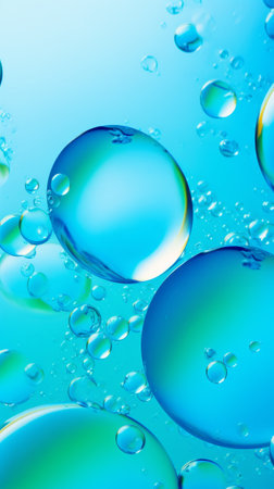 A close up of water bubbles on a blue backgroundの素材