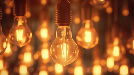 A bunch of light bulbs hanging from a ceilingの素材