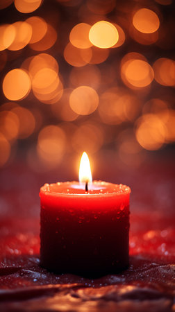 A glowing candle illuminating a tabletopの素材