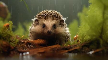 A hedgehog in the rain looking at the cameraの素材