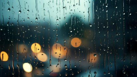 Rain Drops on Window with Street Lights in the Backgroundの素材