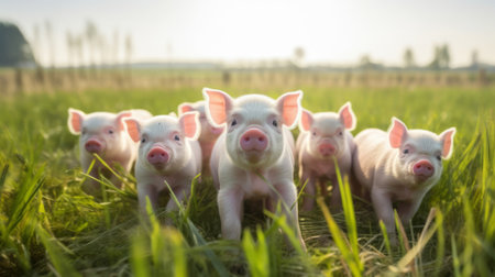 A group of pigs standing on top of a lush green fieldの素材