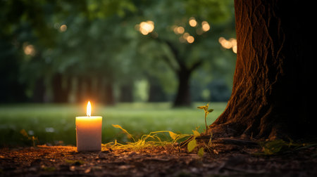 A Lit Candle Sitting Next to a Tree in a Parkの素材